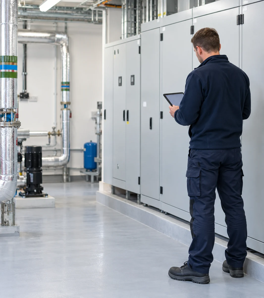 Engineer beside commercial switchgear and electrical plant